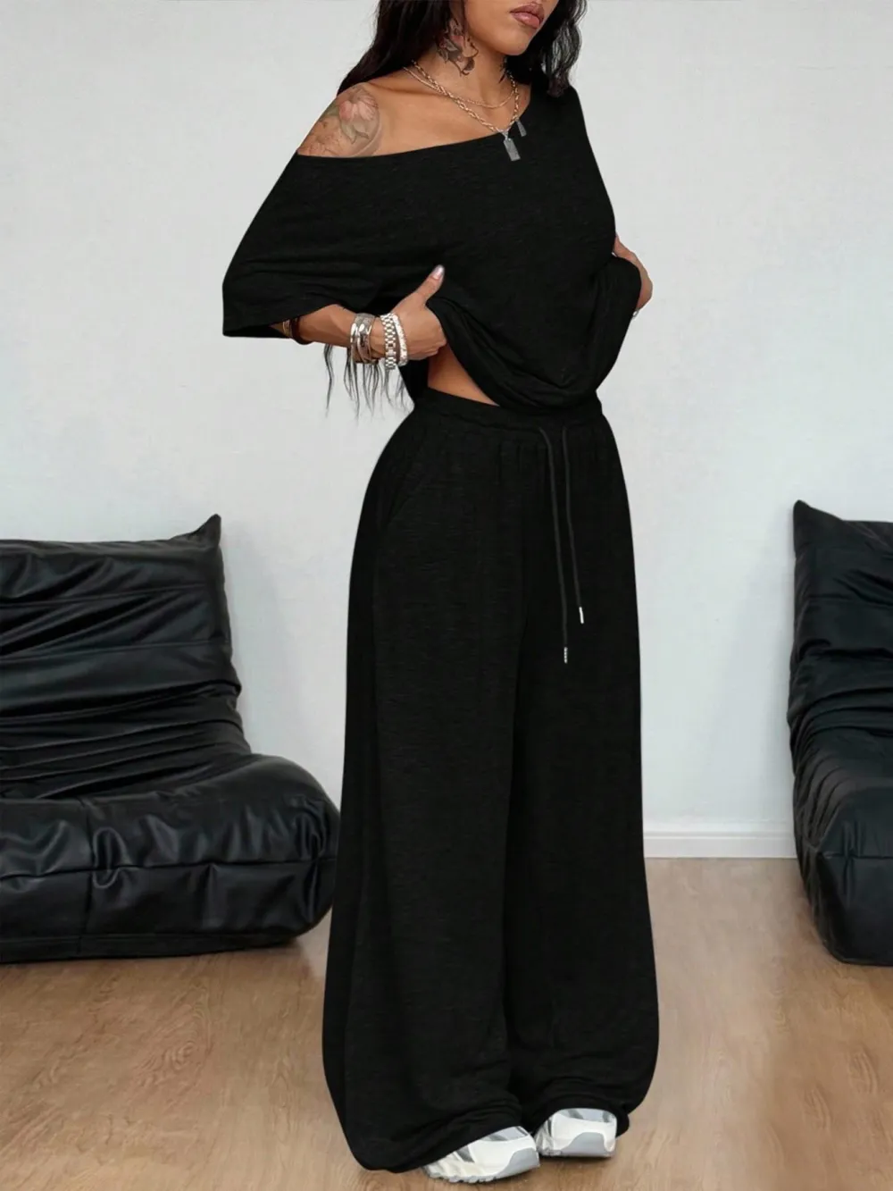 Women's Casual Solid Color Sport Two-Piece Set, Loose Long Pants & Wide Leg Slant Neck Pant Suit