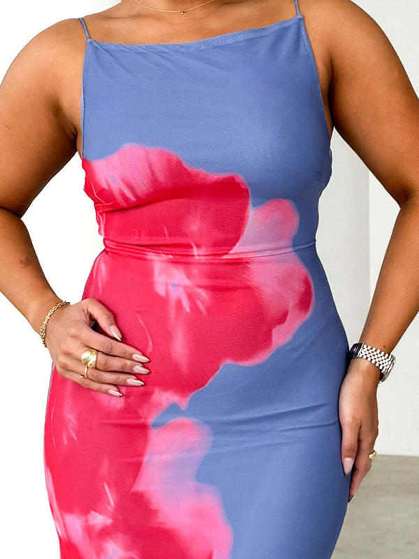 Strappy Contrasting Floral Print Bodycon Floor-Length Dress