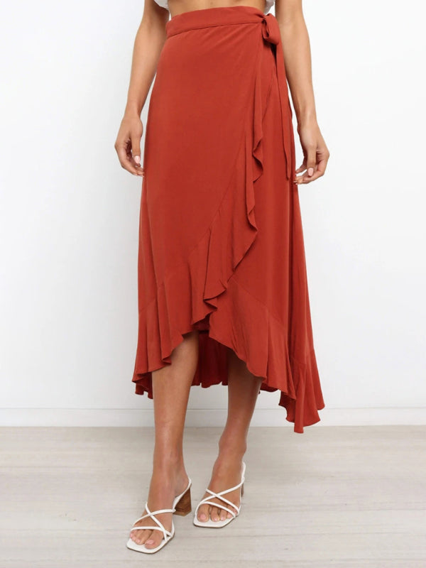 Waist Tie Solid Color Irregular Midi Flare Skirt