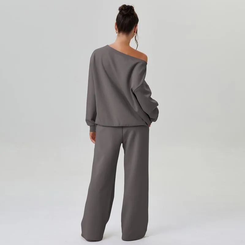 Women's Leisure Solid Color Sloping Shoulder Long Sleeve Top & Wide Leg Trousers Co-ord