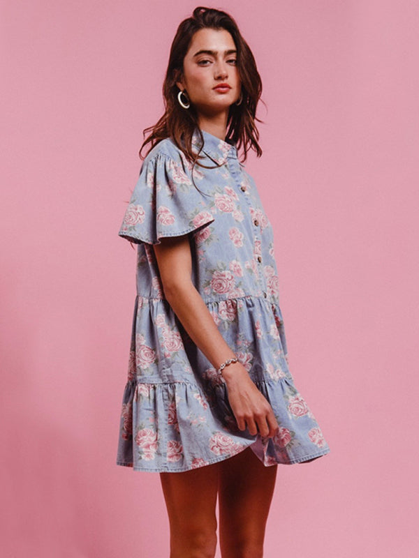 Light blue floral print denim A-line lapel shirt dress