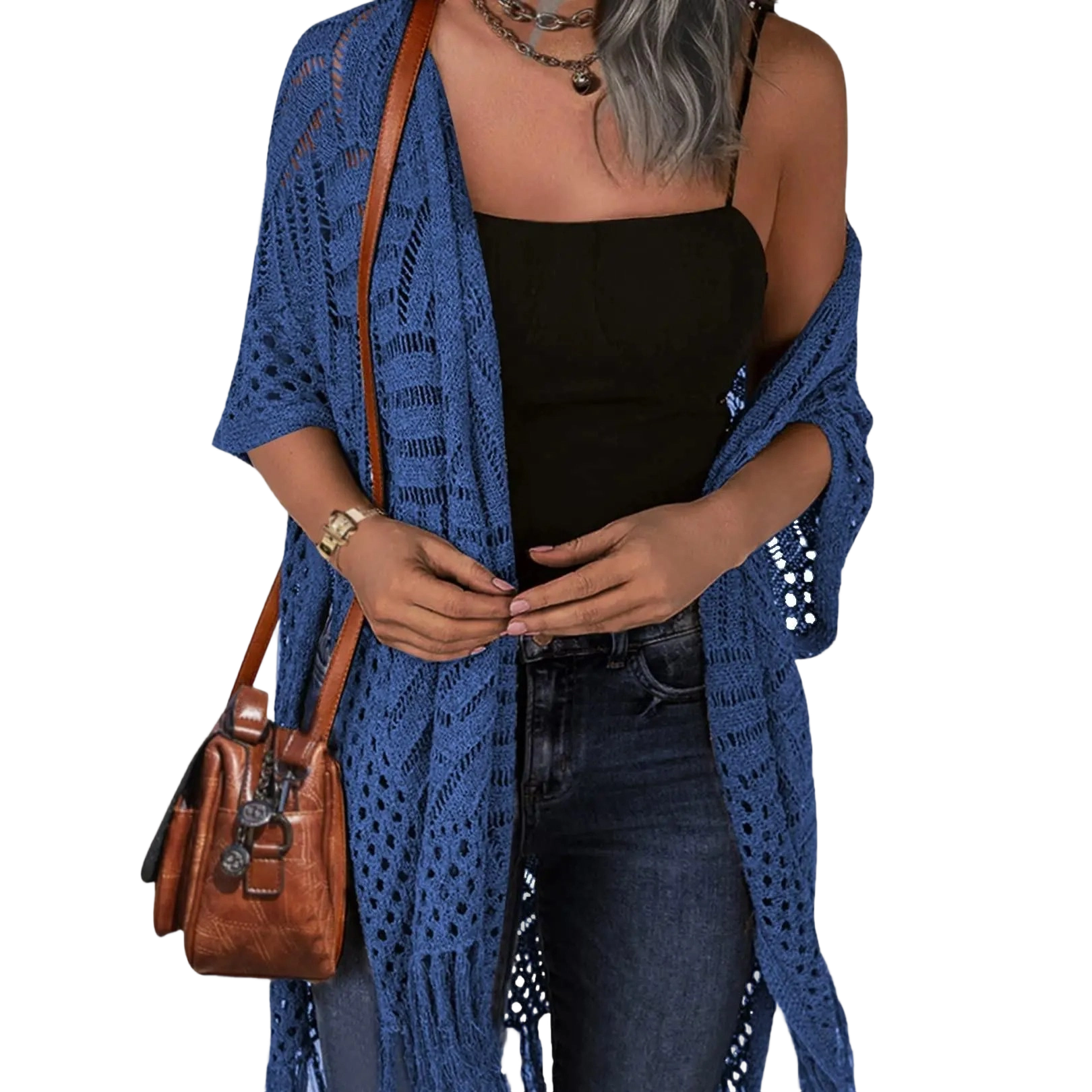 Womens Knit Cardigan Open Front Outwear New Spring & Summer Hollow Out Crochet Tassel Lightweight Kimonos Sweater