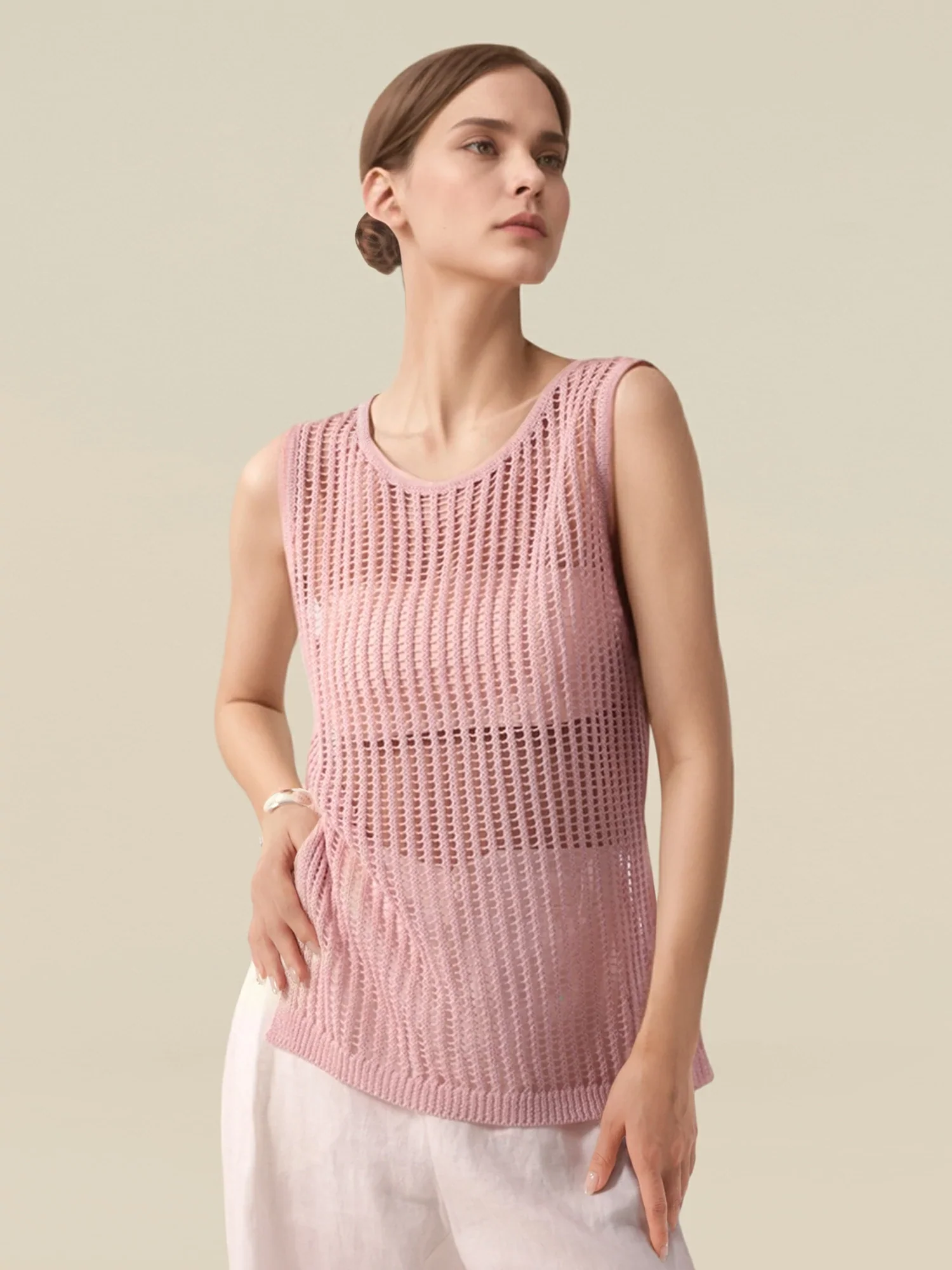 Lyocell & Silk Round Neck Lace-Up Vest