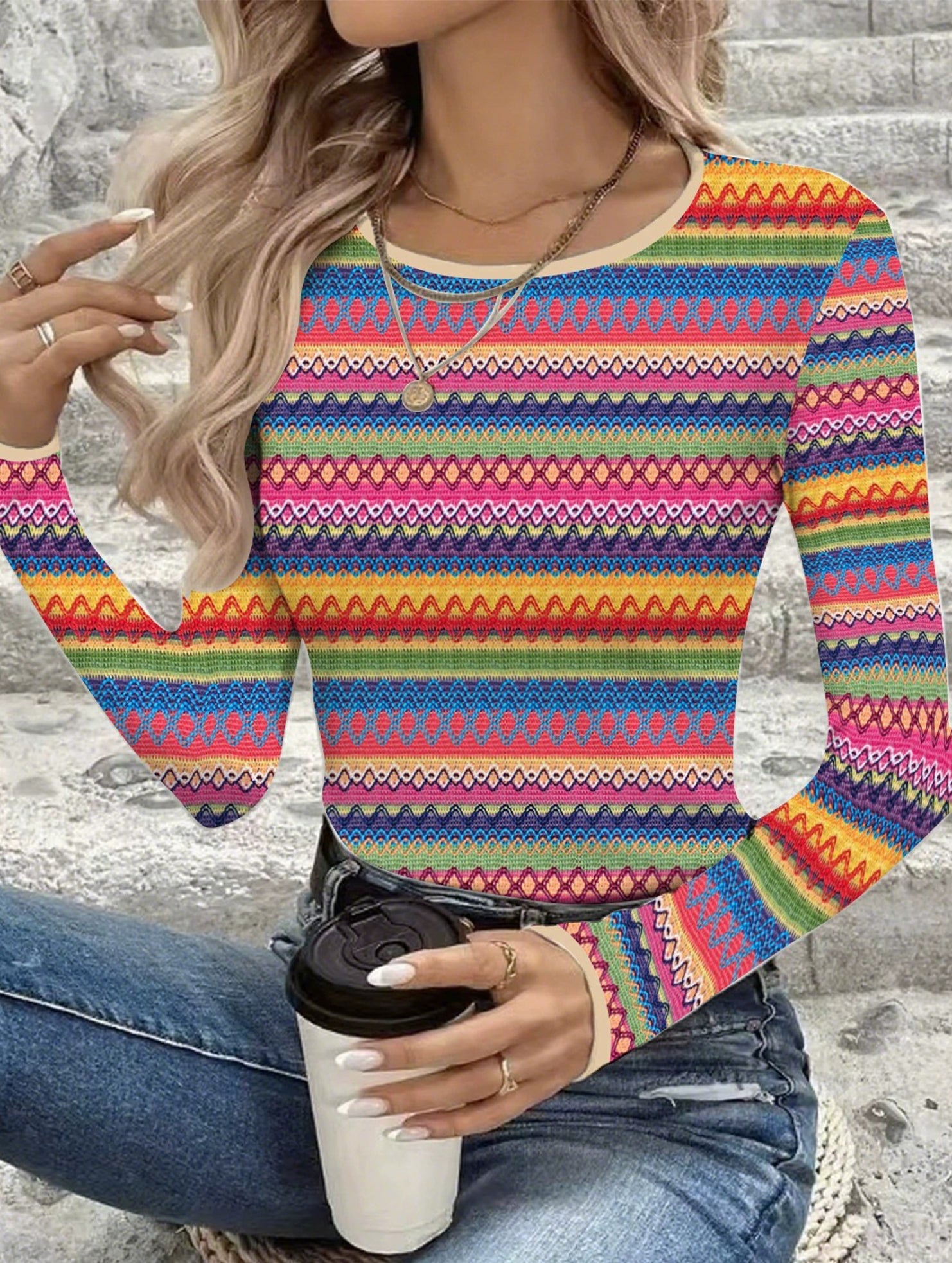 Colorful Stripe Long Sleeve Casual Tee_CWTTL01222