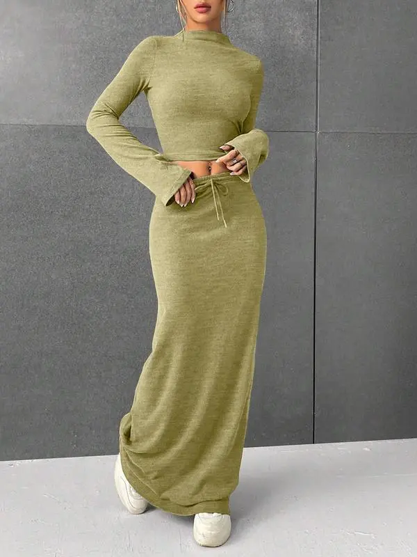 Women Flounce Sleeve Crop Tee Skirt Two-piece Set