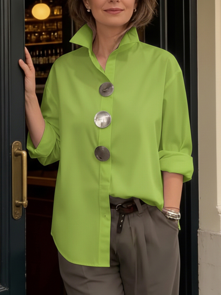 Elegant Stand-collar Metal Buttons Cotton Linen Blouse