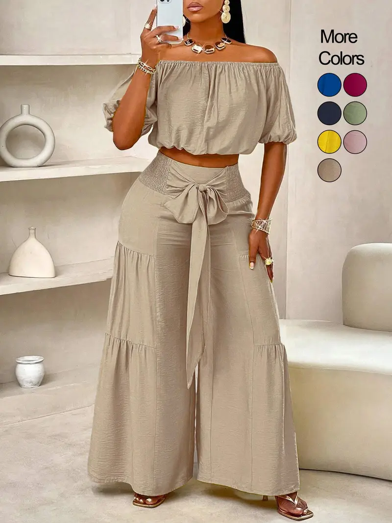 Women's Solid Color Top & Wide Leg Pants Set, Casual Off Shoulder Top & Palazzo Pants for Summer, Ladies Clothes for Beach Holiday Vacation, Womenswear