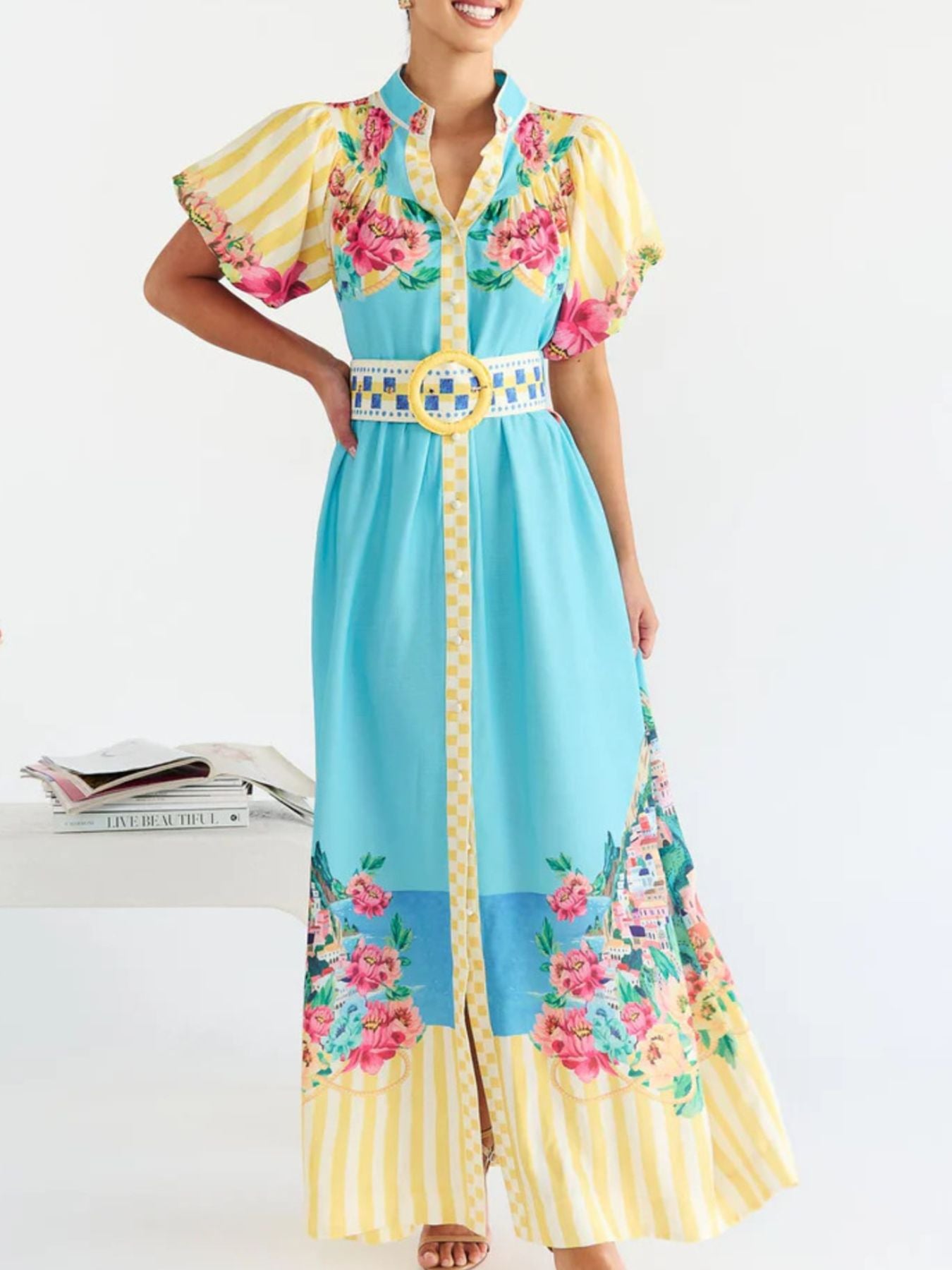 Printed Button Front Puff Sleeve Maxi Dress