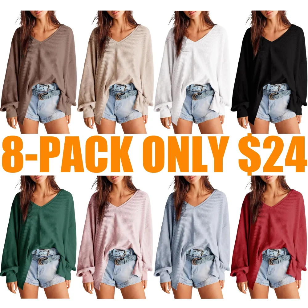 Casual Blouses V Neck Waffle Knit Tops