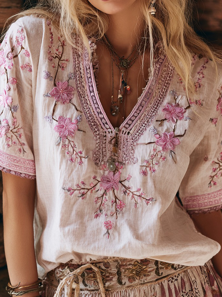 Women's Retro Cherry Blossoms Embroidered Linen T-shirt