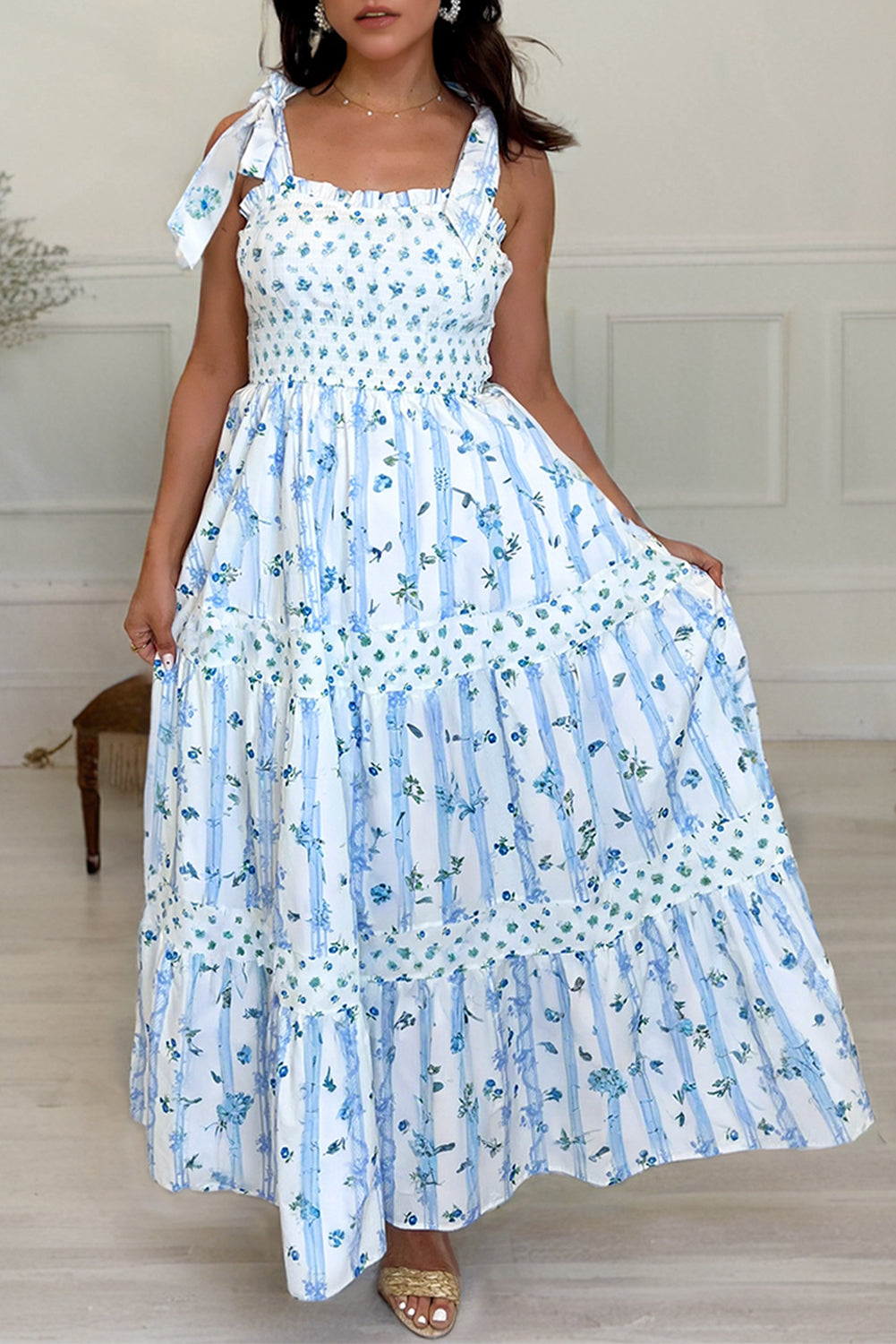 Sky Blue Floral Smocked A-Line Tie Straps Maxi Dress