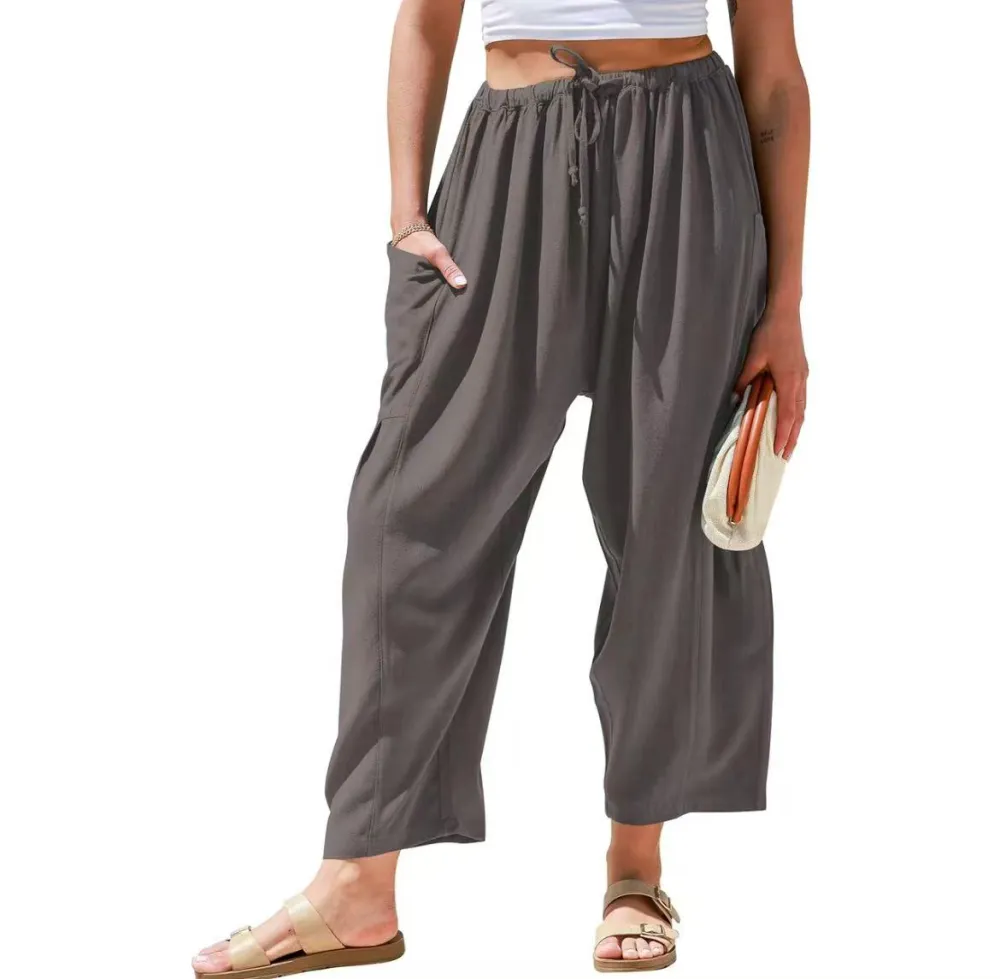 TARSE Women's Linen Wide Leg Pants – Casual Loose-Fit Palazzo Harem Pants with Pockets for Summer Beach Outfits