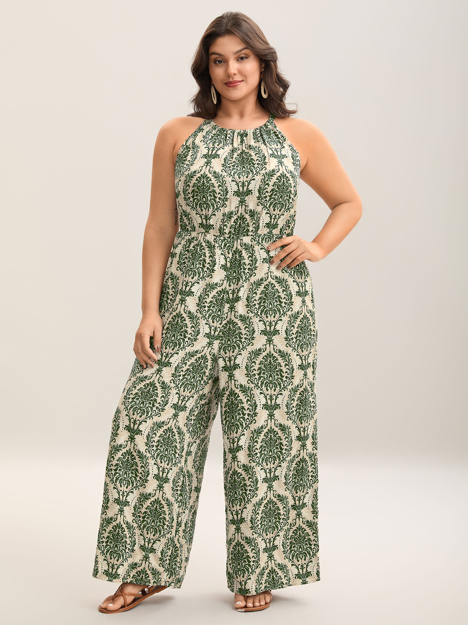 Rayon Damask Print Stretchy Waist Jumpsuit