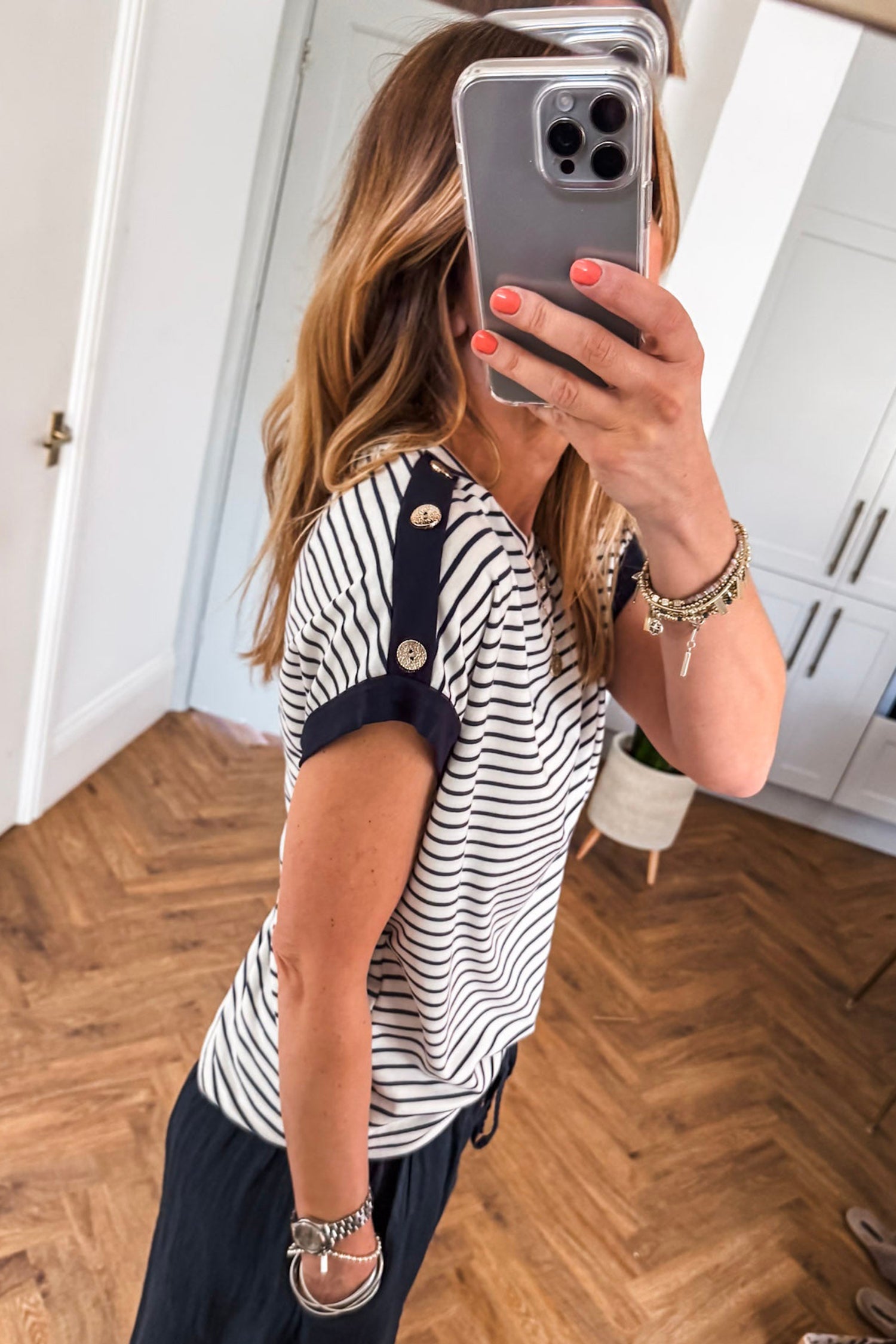 Black Stripe Cuffed Sleeve Button Detail Loose Tee