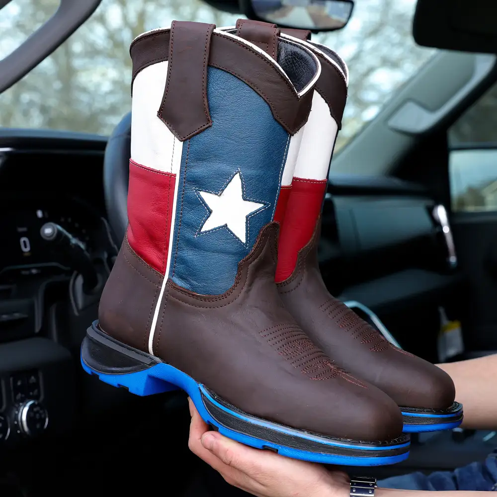 Chocolate Brown TEXAS Flag Leather Work Boots - Composite Toe