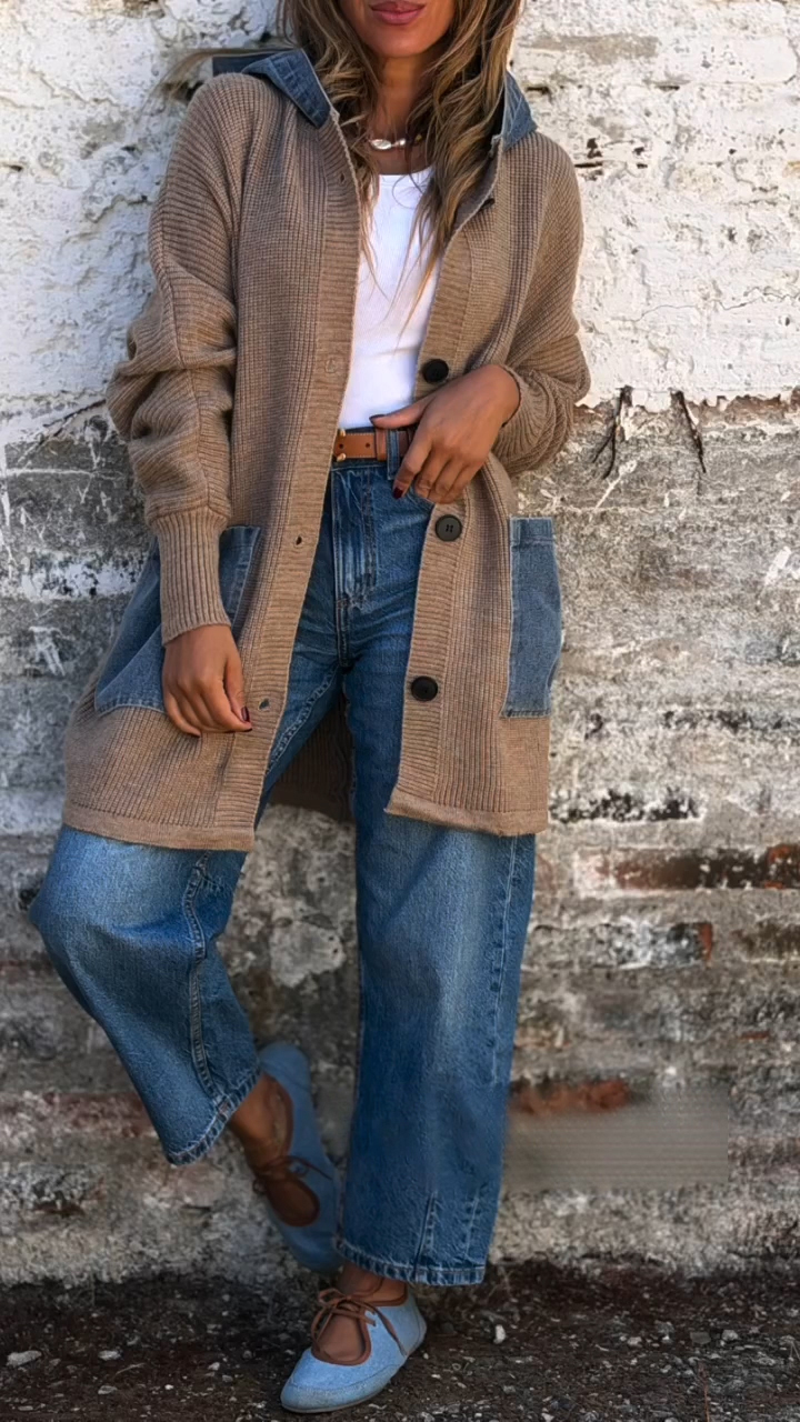 Women Hooded Patchwork Denim Casual Cardigan