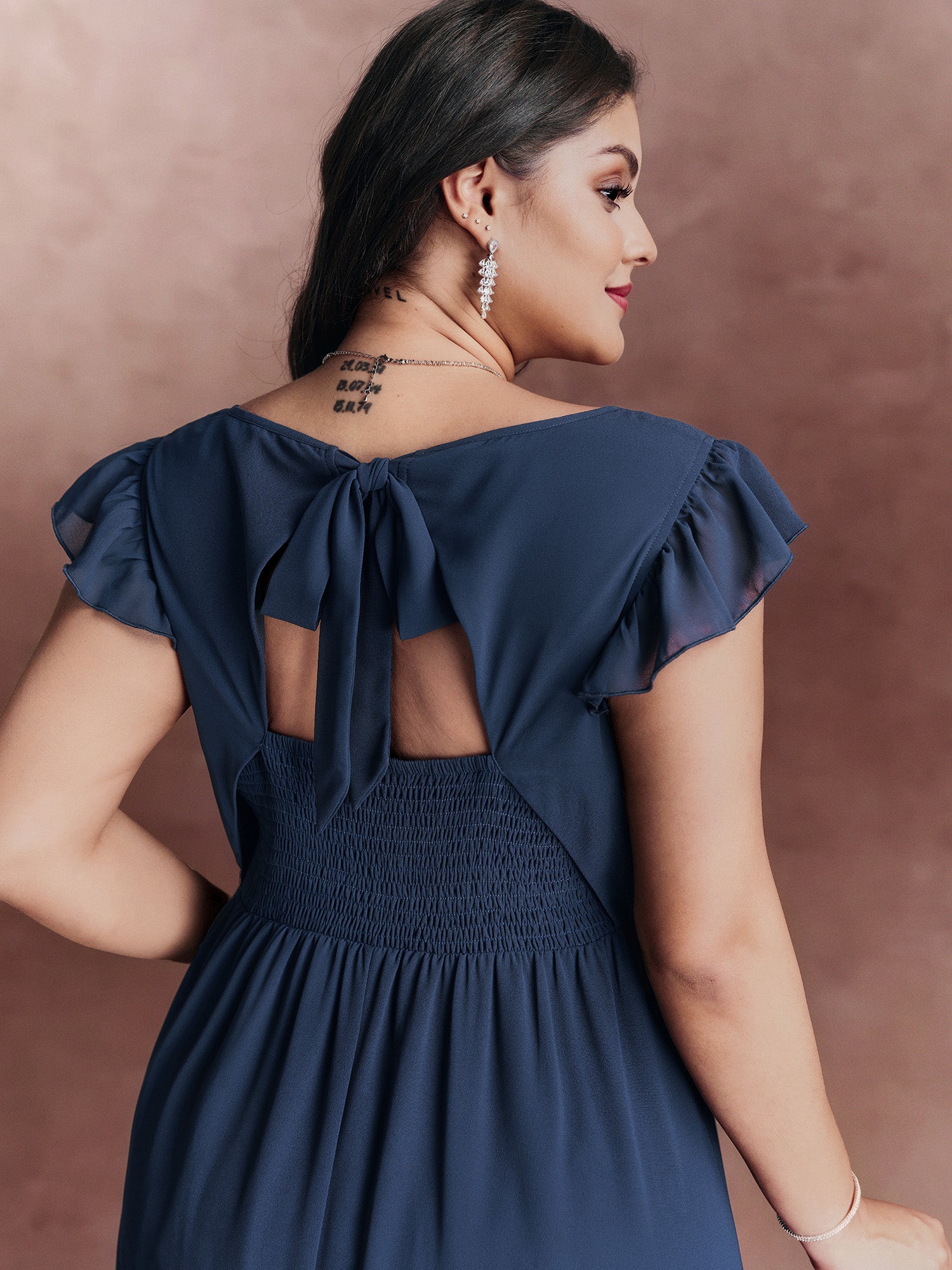 Backless Tie Layered Hem Flutter Sleeve Maxi Dress