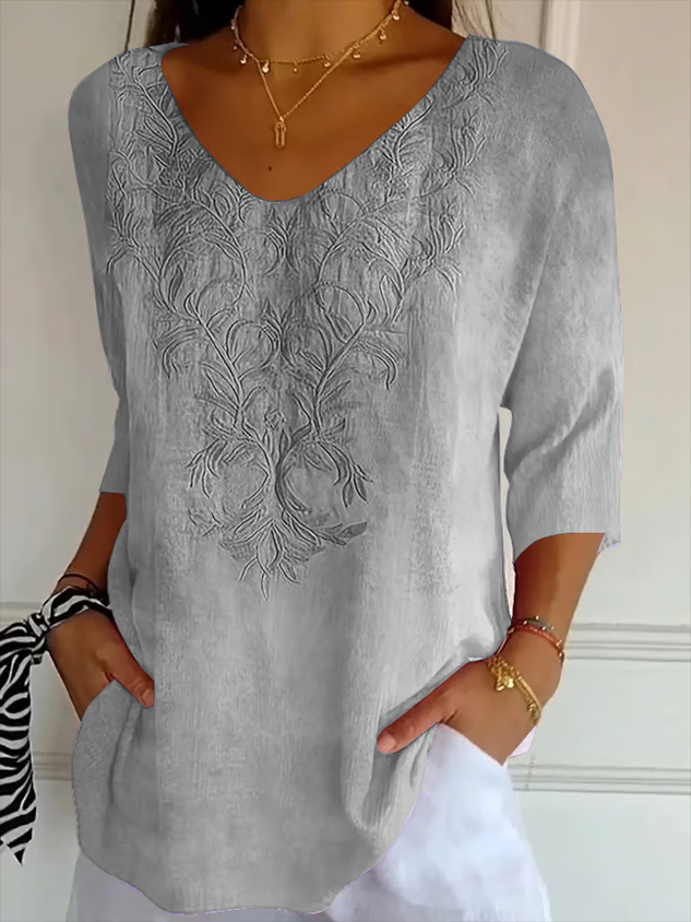 Women Casual Floral V neck Printing Daily Loose Three Quarter Sleeve T-shirts