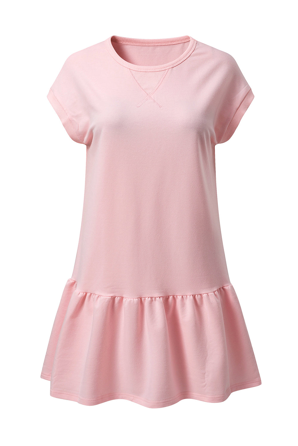 Apricot Pink Solid Color Cap Sleeve Drop Waist T Shirt Dress