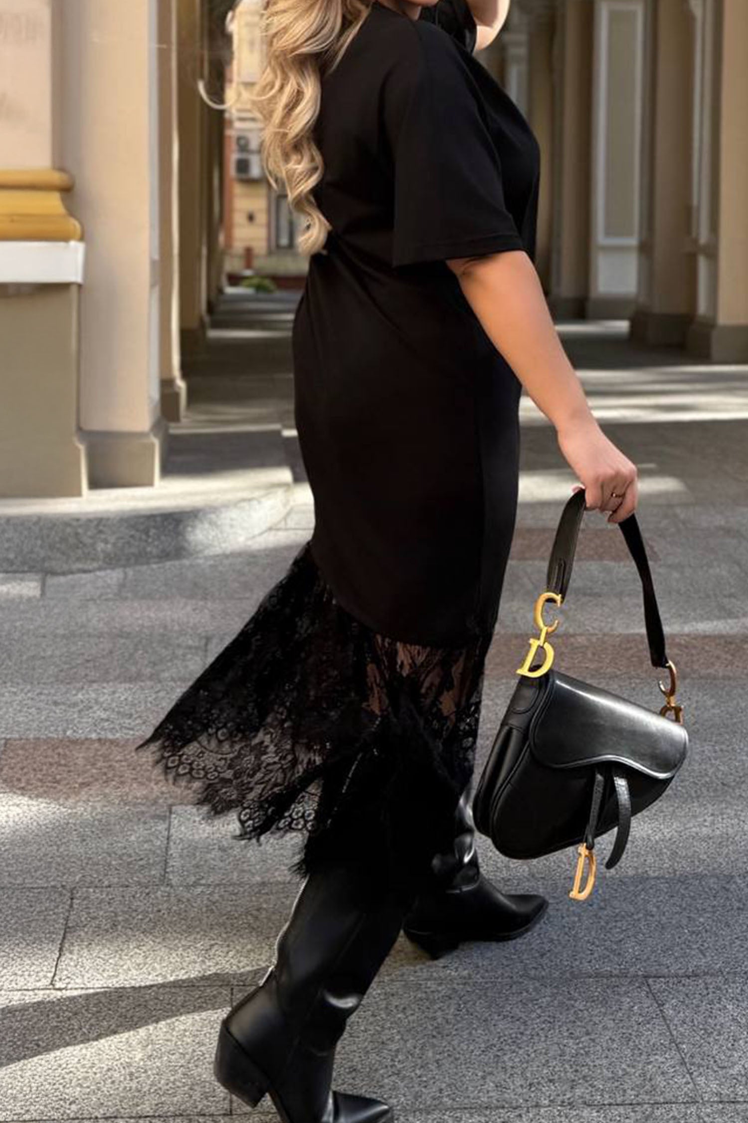 Black Plus Size Lace Hem Patchwork T Shirt Midi Dress