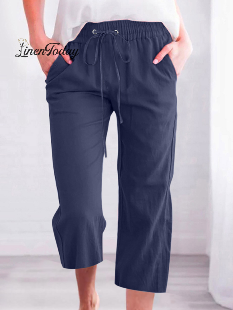 Women's Casual Summer Linen Pants High Waisted Loose Yoga Sweatpants Crop Pants with Pockets