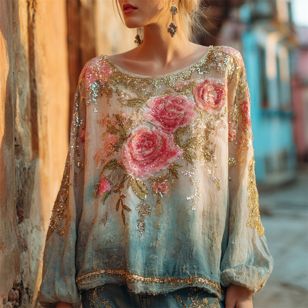 Boho Vintage Sequin Floral Embroidery Gradient Women's Linen Shirt