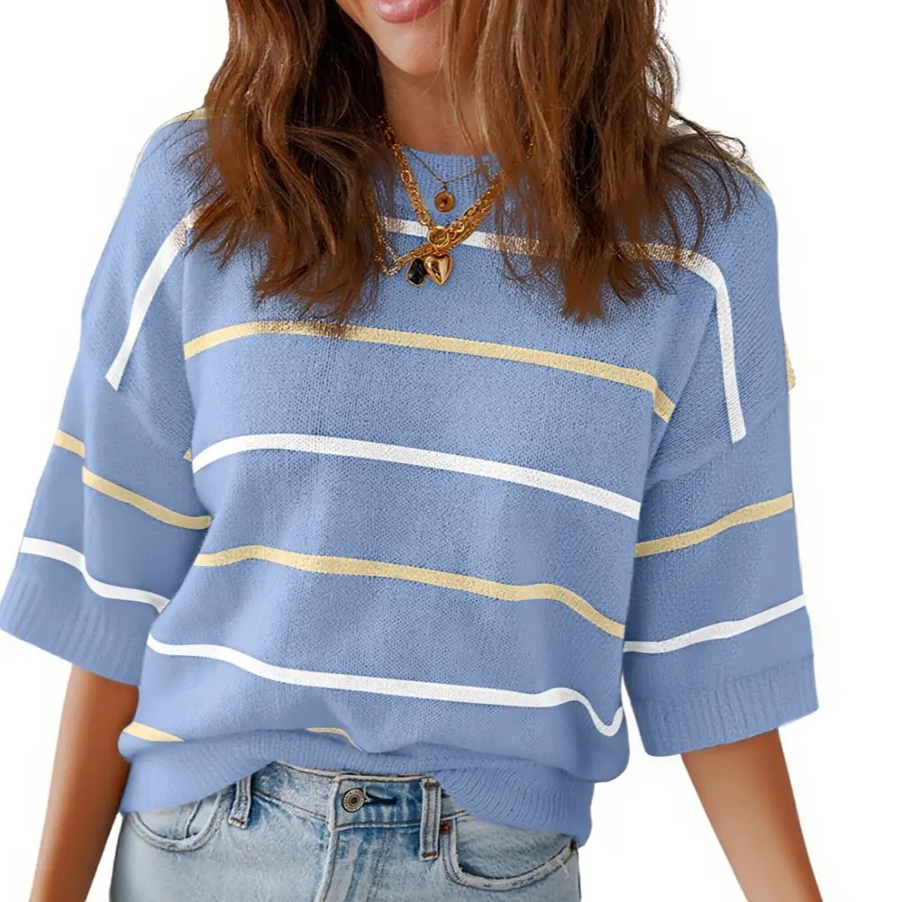 2026 Spring/Summer Women's Short Sleeve Striped Sweatshirt - Soft Breathable Fabric Crew Neck Pullover Top for Daily Wear