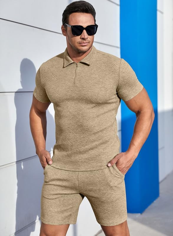 Men's Polo Shirt and Shorts Set Soild Color Geometric Texture Casual Short Sleeve 2 Piece Outfits Sweatsuits Summer