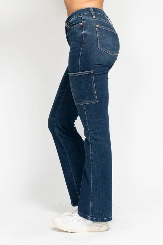 Blue Full Size High Waist Cargo Bootcut Jeans Plus Size