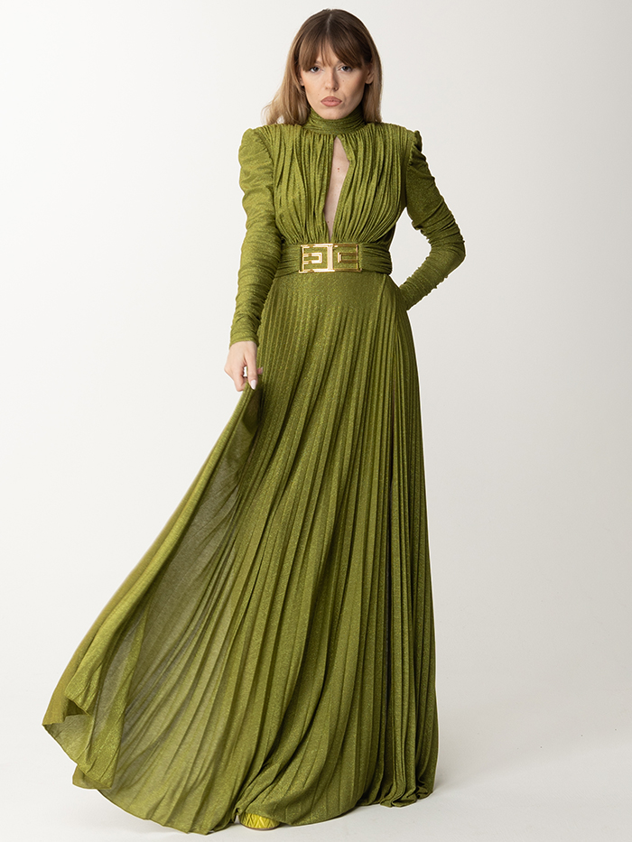 Long Sleeves Pleated Solid Color Split-Side V-Back High-Neck Evening Dresses Maxi Dresses
