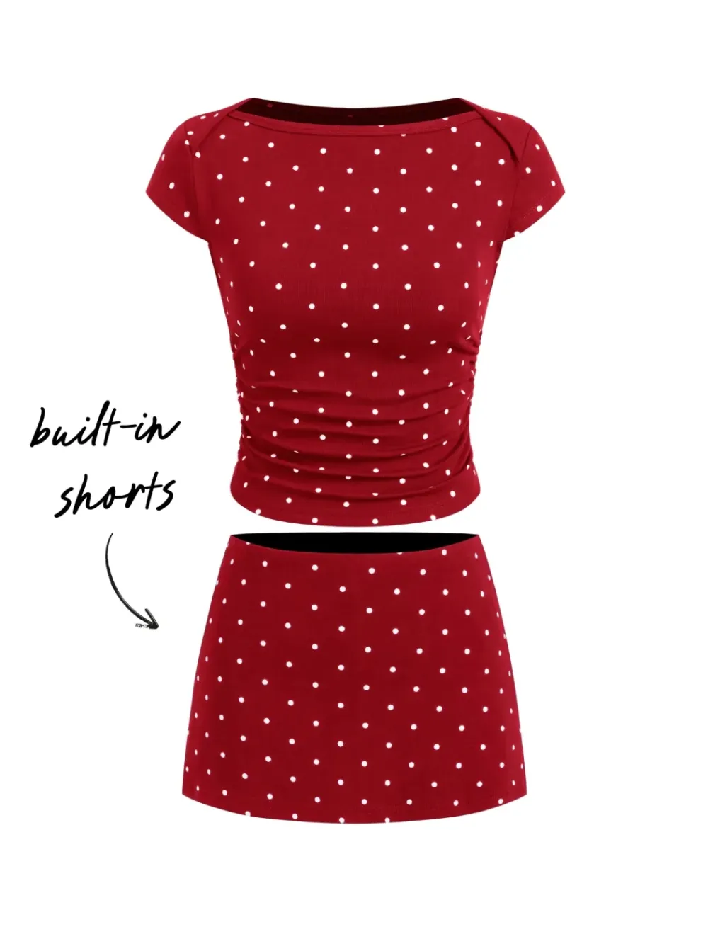 Cotton-Blend Polka Dot Boat Neck Tee & Mini Skort Set