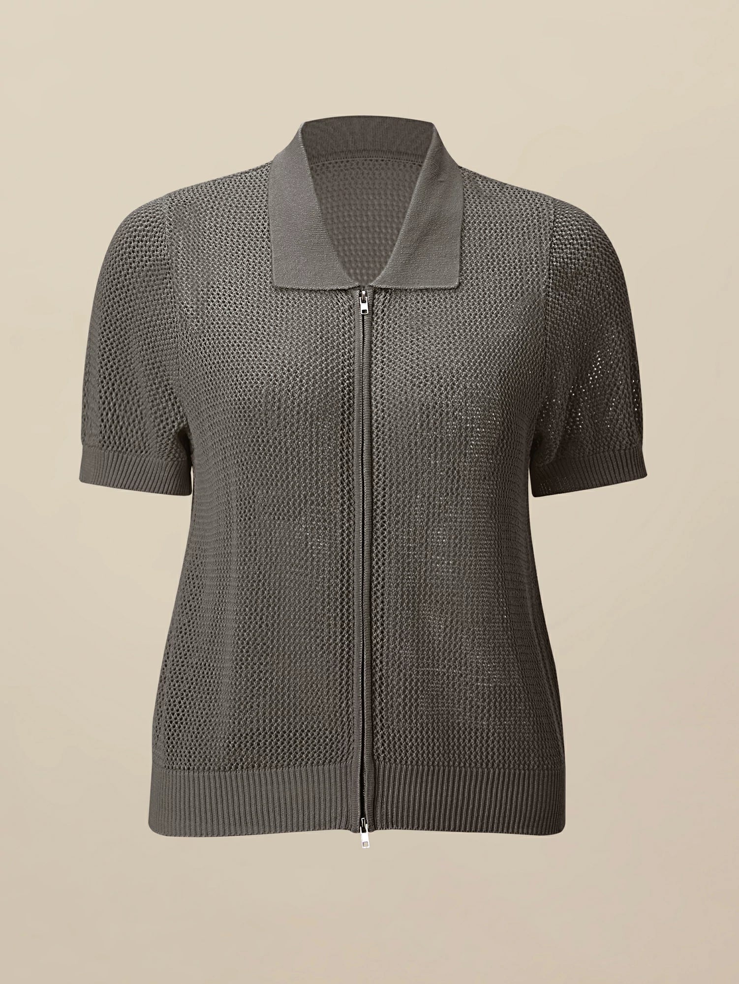 Linen & Lyocell V-Neck Short Sleeve Zipper Hollow Out Cardigan