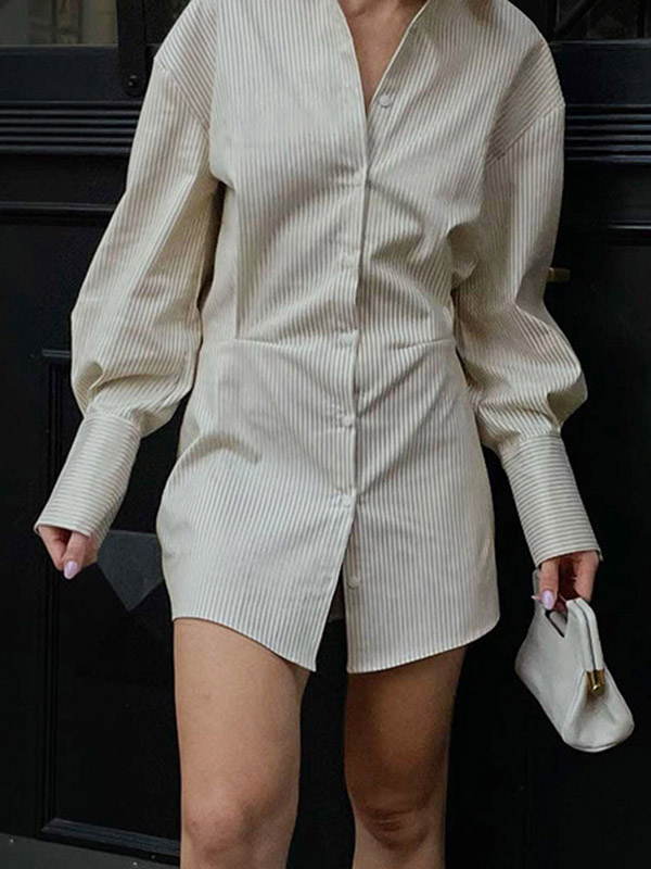 Buttoned Striped Flared Sleeves Long Sleeves Lapel Shirt Dress Mini Dresses