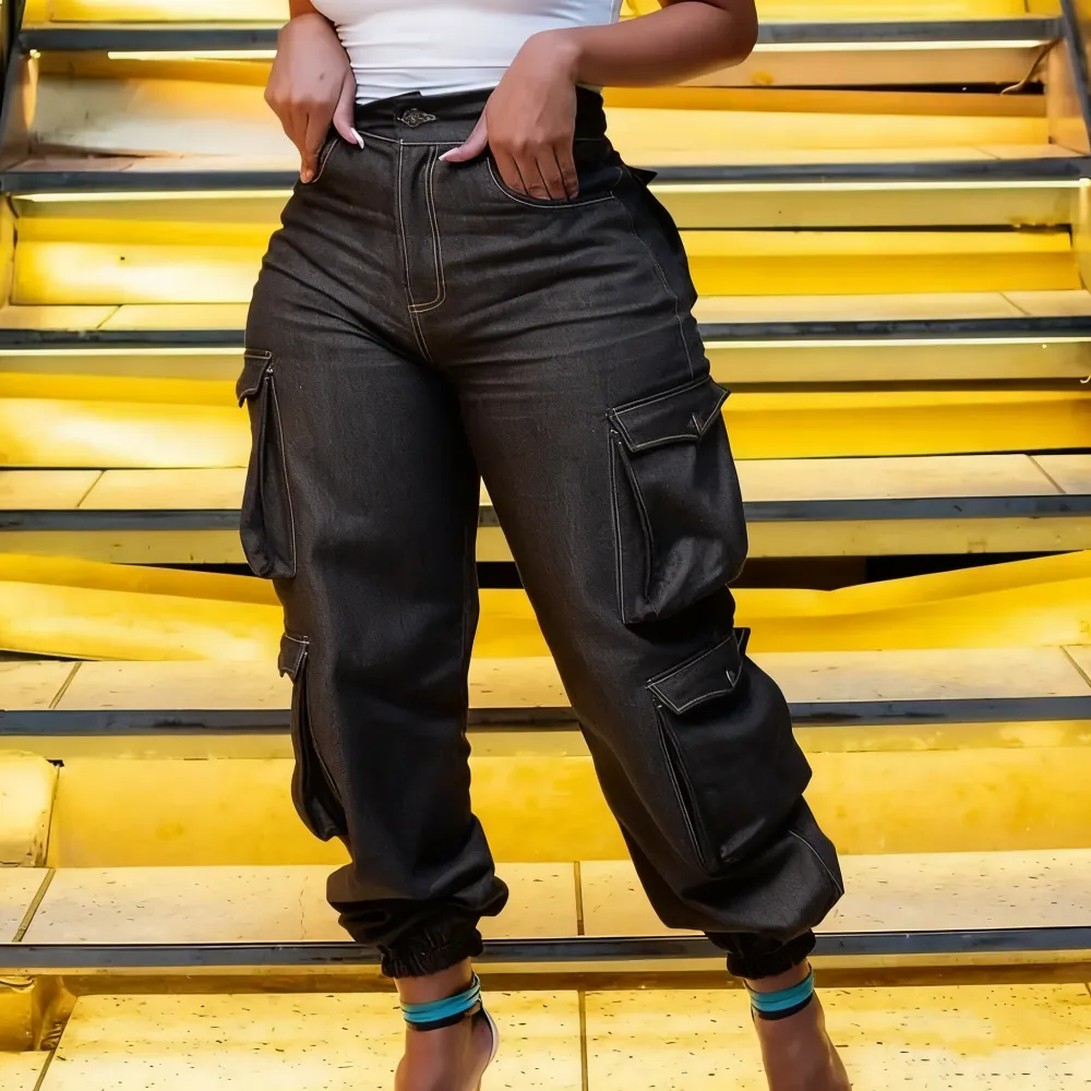 Women's Y2K High-Waist Cargo Denim Flap Pocket Pants