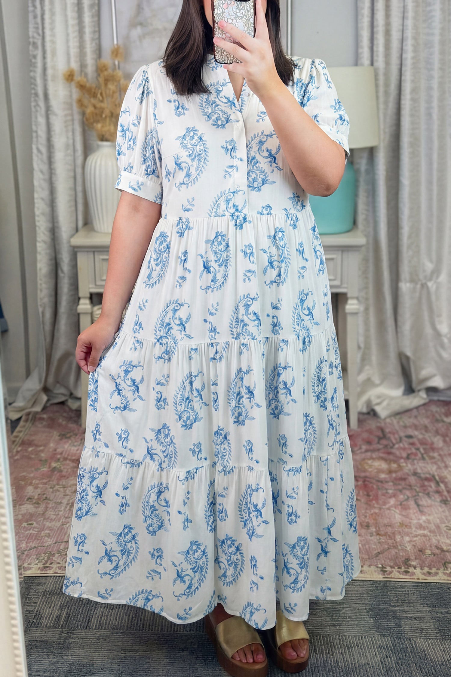Sky Blue Plus Size Geometric Floral Print Button Split Neck Short Sleeve Maxi Dress