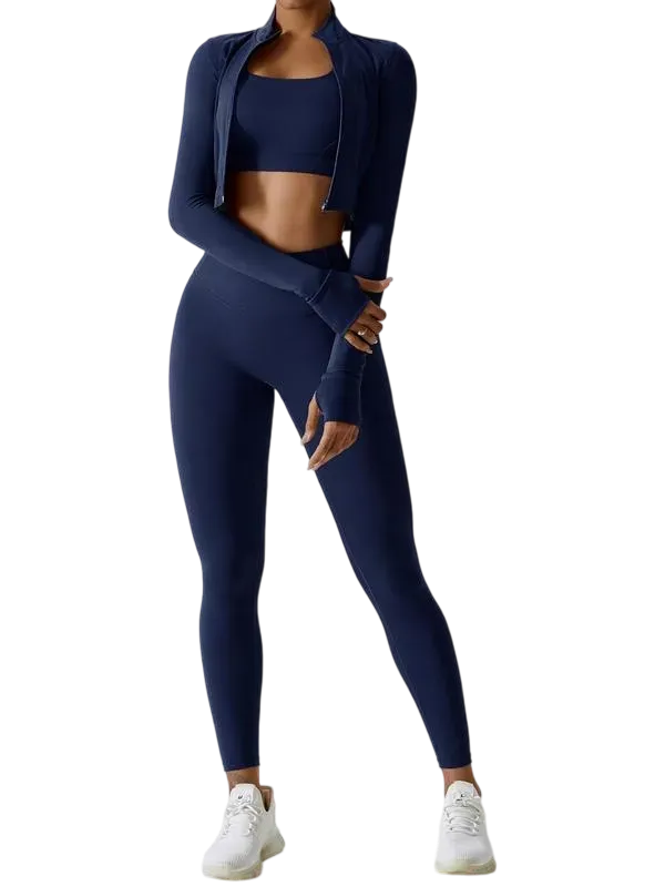 Women’s 3-Piece Workout Set – Sports Bra, Leggings & Zip Jacket with Thumbholes