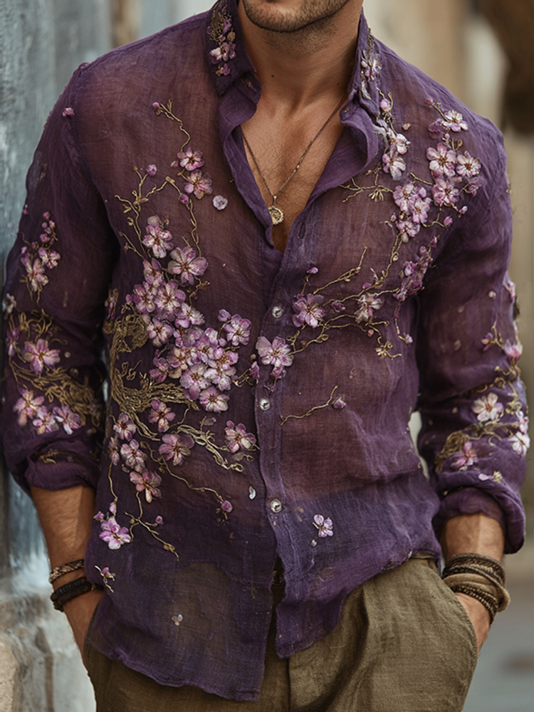 Men's Vintage Japanese Sakura Embroidered Art Lapel Long Sleeve Linen Shirt