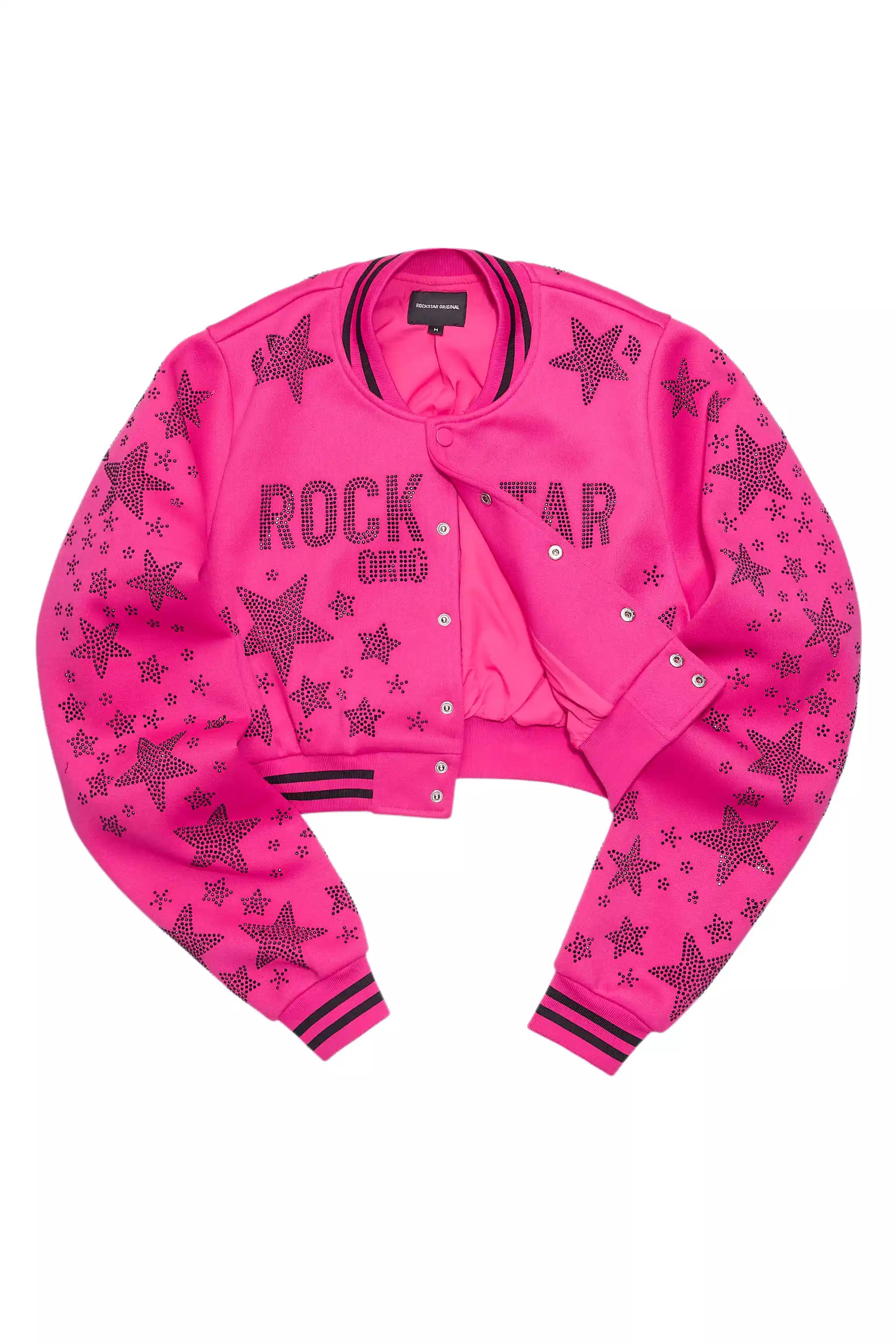 Shanda Hot Pink Crop Rhinestone Varsity Jacket