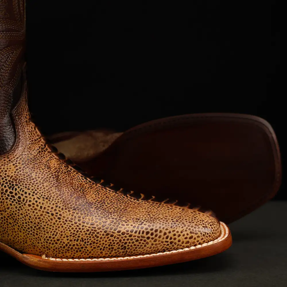 Honey Ostrich Leg Leather Boots - Square Toe