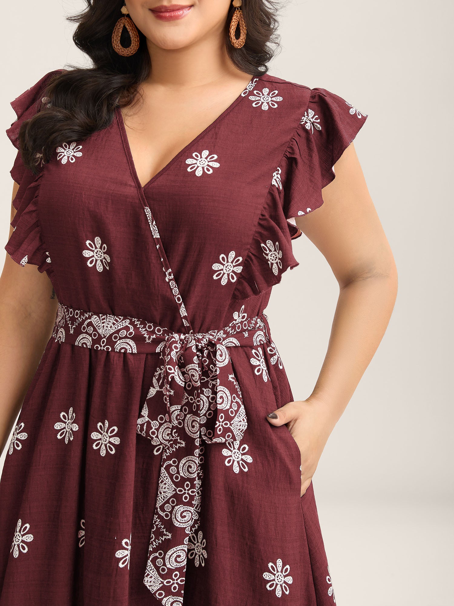 Rayon Stretchy Waist Pockets Flutter Maxi Dress