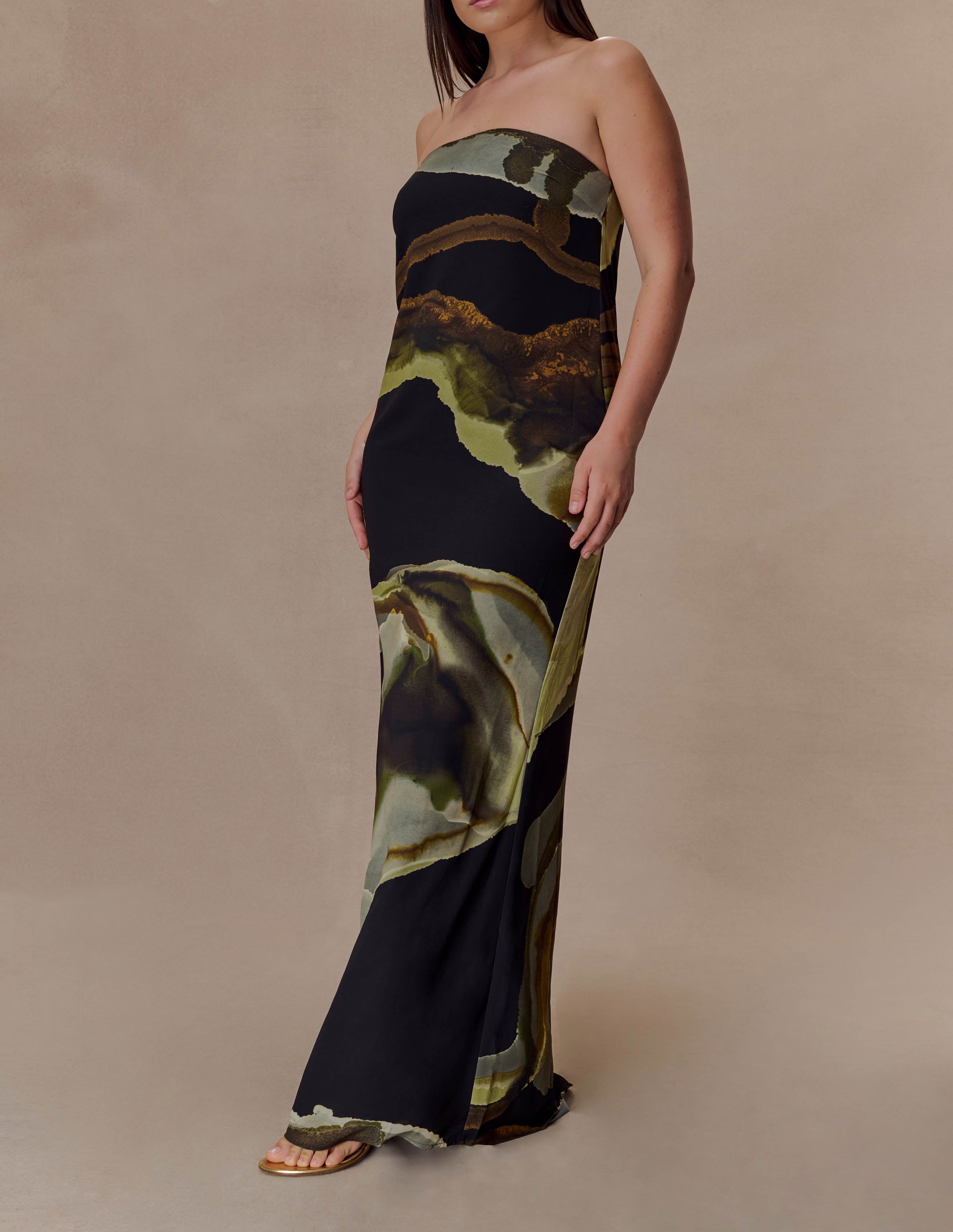 Print Strapless Chiffon Maxi Dress