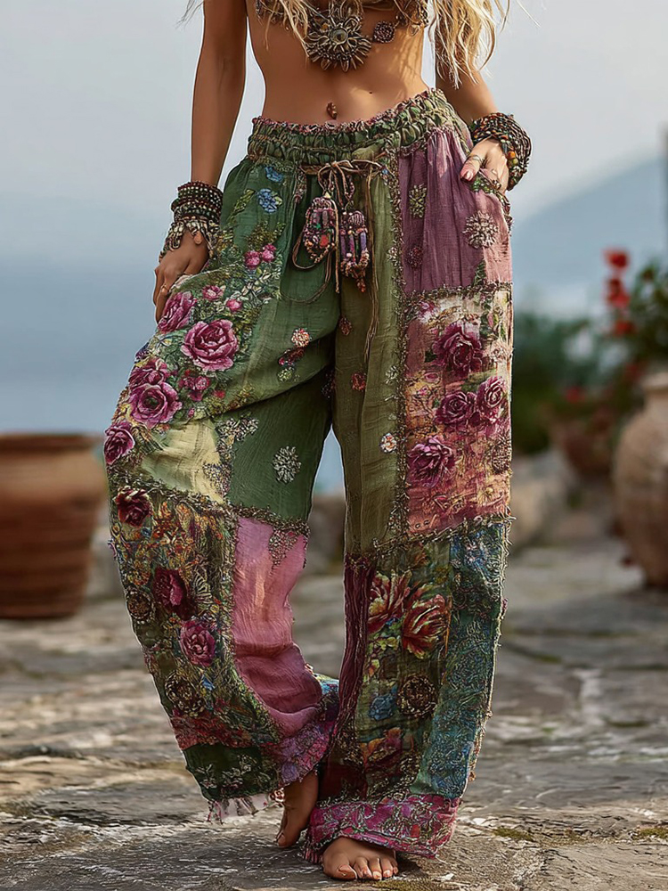 Women's Vintage Floral Pattern Casual Linen Pants
