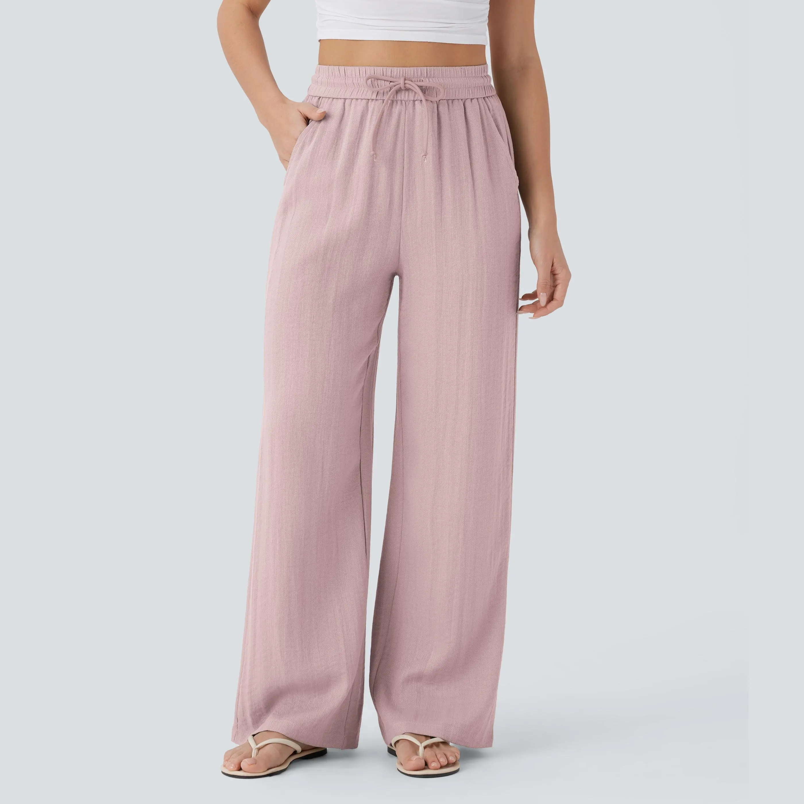 🔥🔥Easter Sale!!High Waisted Drawstring Pocket Wide Leg Casual Linen-Feel Pants