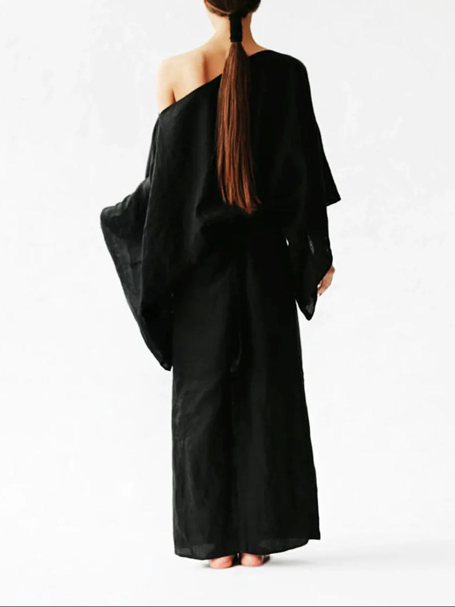 Casual cotton and linen batwing sleeve belt solid color dress