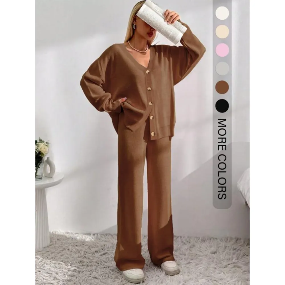 Women's Button Front V-Neck Cardigan & Wide Leg Pants Set