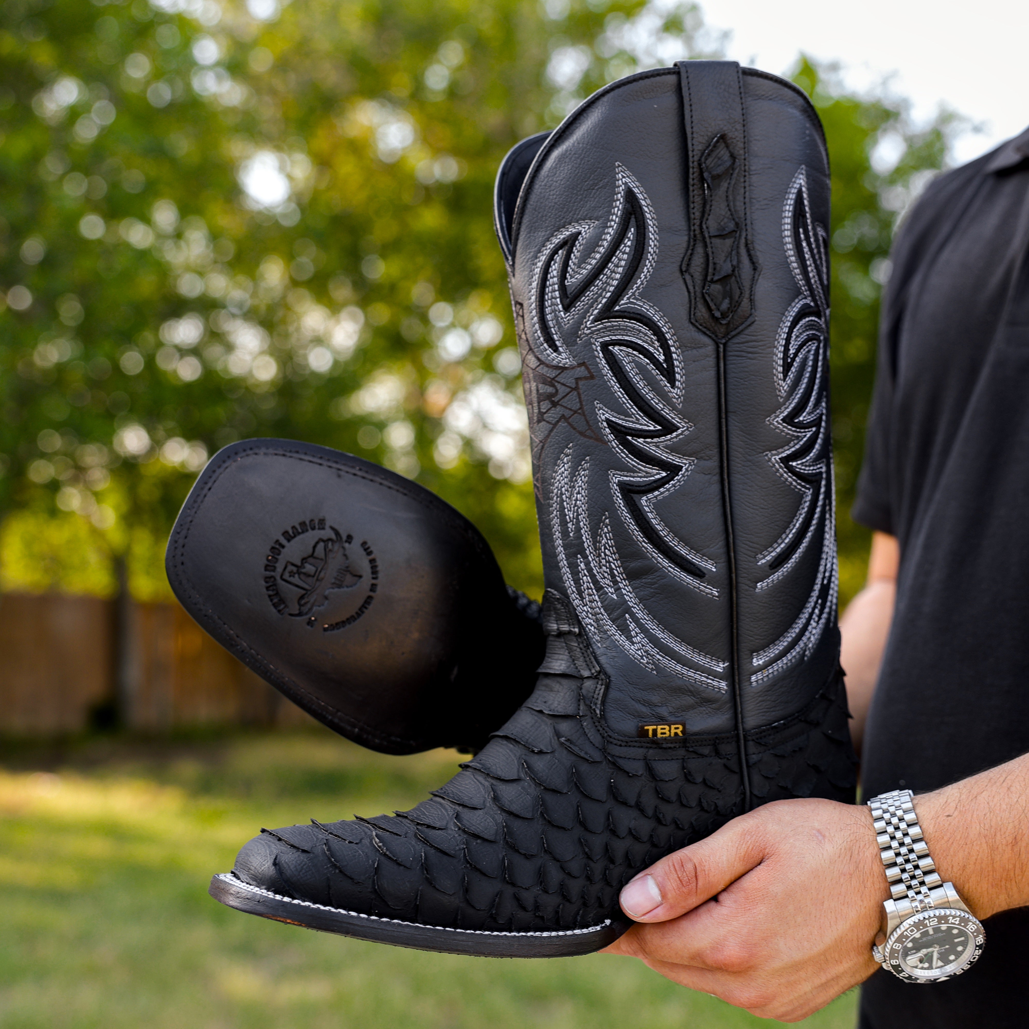 Matte Black Jumbo Python Leather Boots - Square Toe