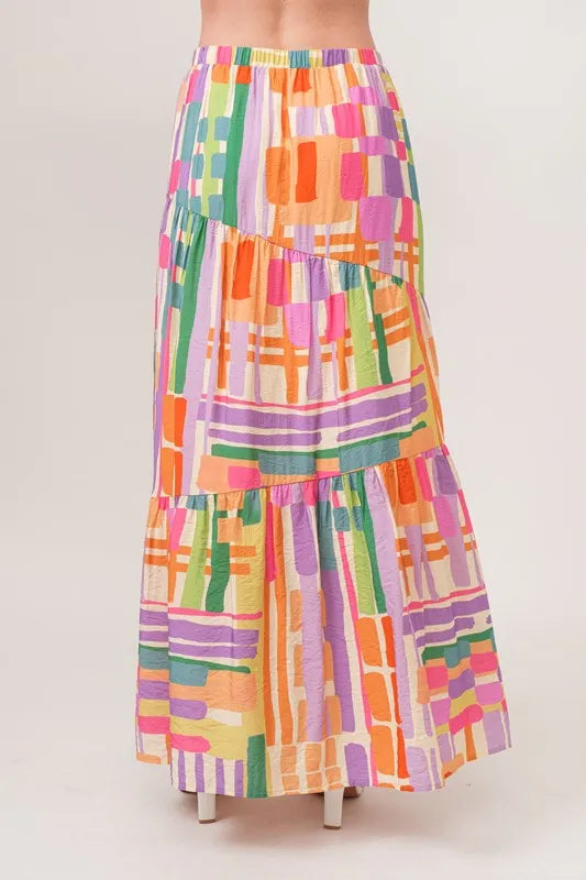 Asymmetric Geo Printed Tiered Maxi Skirt