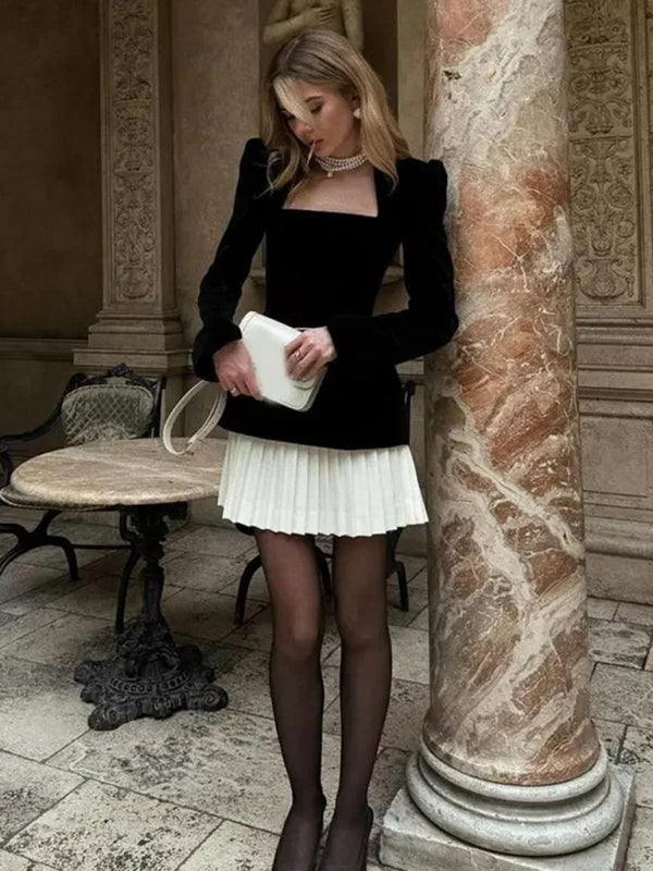 Fashionable And Personalized Long-Sleeved Color-Blocked Pleated Hem Mini Skirt Dress