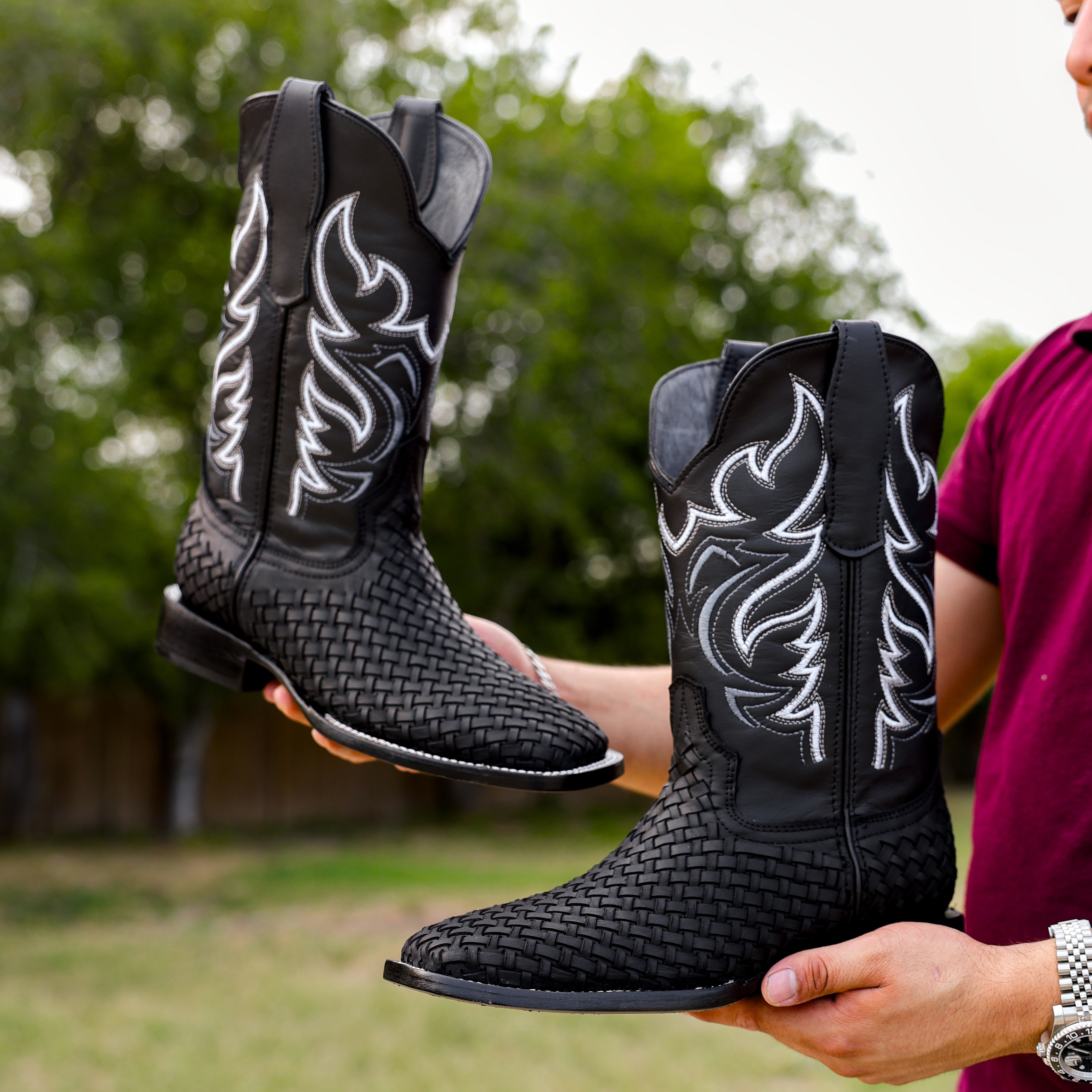 Black Basketweave Leather Boots - Square Toe