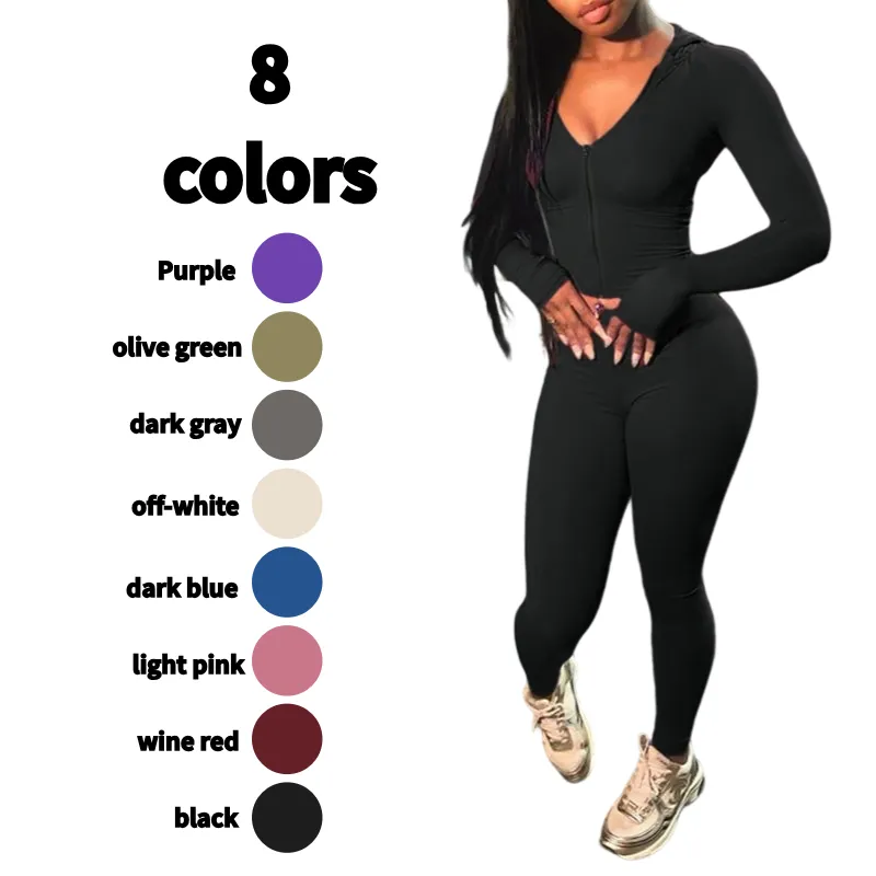 Women's Solid Color Zip Up Crop Top & High Waist Leggings Two-piece Set